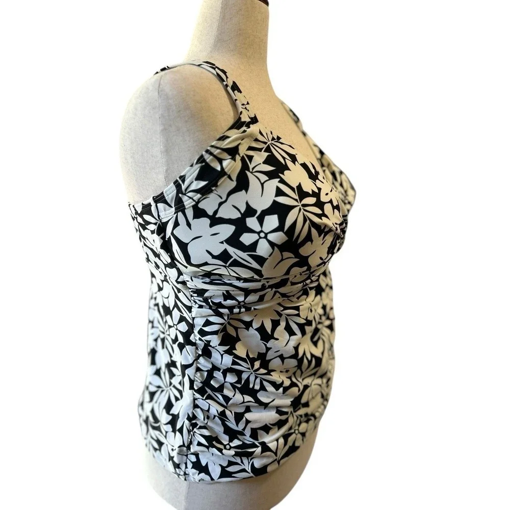 Lands' End Black White Havana Floral Underwire Tankini SWIM TOP 16G Stretch